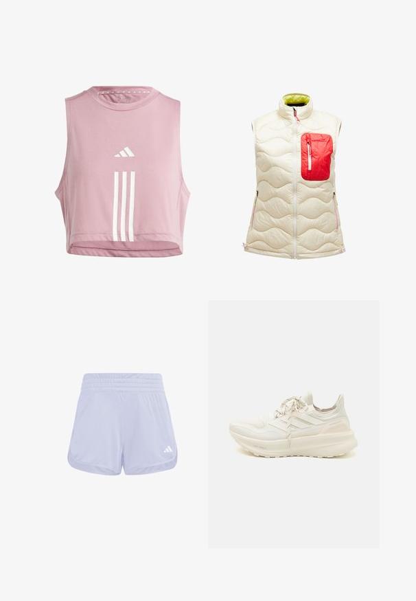 Gestepptes ärmelloses Weste in Elfenbein mit einer roten Reißverschlusstasche. Besitzt ein Wellenmuster, einen Reißverschluss vorne und eine kontrastierende grüne Innenauskleidung. Akzente in Pink.; adidas Performance TRAIN ESSENTIALS TRAIN 3-STRIPES - Top - orchid/white; Helle lila Sportshorts aus weichem Material, mit elastischem Bund und weißem Adidas-Logo auf der unteren rechten Seite.; Weißer Sportschuh mit strukturiertem Obermaterial, drei-Streifen-Design, leichter Dämpfung und einem zweifarbigen Fersenakzent. Leichte Sohlen-Technologie.