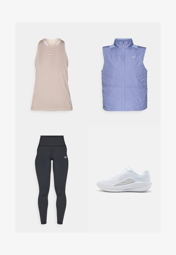 Light purple sleeveless puffer vest with a high collar, zip closure, and soft texture. Features angled quilted patterns and reflective accents.; Light beige sleeveless athletic tank top with a mesh texture, rounded neckline, and small logo on the front. Smooth fabric, lightweight design.; Black high-waisted athletic leggings with a fitted design, smooth texture, and a small white logo on the left hip.; White athletic shoe with mesh upper, rounded toe, and textured sole. Features a silver Nike swoosh and minimalistic design.