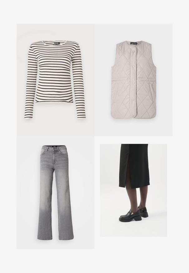 Svijetlosivi prošiveni prsluk s okruglim izrezom, kopčama na dugmad i bočnim džepovima; sadrži šavove u obliku dijamanta kroz cijeli prsluk.; Prugasta majica s dugim rukavima u krem i crnoj boji. Ima rebrasti uzorak i okrugli izrez. Ravni rub s laganim bočnim prorezima.; Sive traperice visokog struka ravnog kroja, s prednjim gumbom i patentnim zatvaračem, prednjim i stražnjim džepovima te izblijedjelim nijansama na bedrima i listovima.; Crne kožne cipele s zaobljenim vrhom, debelim blok petama i elastičnim bočnim detaljima, uparene s tamnim čarapama i crnom suknjom s prorezom.