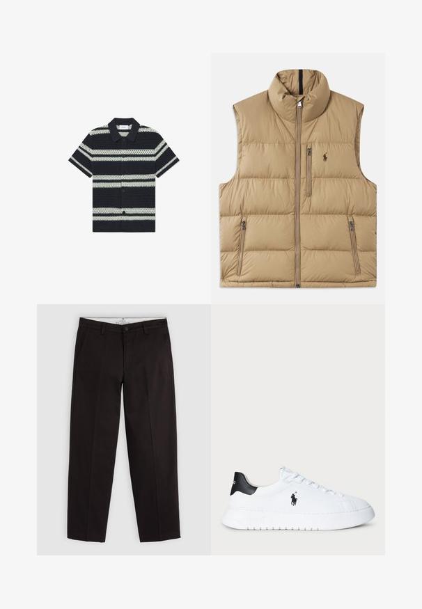 Bež pufferski jopič z visokim ovratnikom, sprednjim zadrge in dvema stranskima žepoma. Ima kviltano vzorčenje in majhen logotip na prsih.; Črno-bele črtaste majice s kratkimi rokavi in ovratnikom, z teksturiranim vzorcem in gumbom spredaj.; Črni ravni chinos hlače z zankami za pas, gumbom za zapiranje in stranskimi žepi, prikazani na svetlo sivi podlagi.; Bela nizka športna obutev s črnim petnim delom in črnim logotipom Polo Ralph Lauren na strani, z belimi vezalkami in debelim gumijastim podplatom.