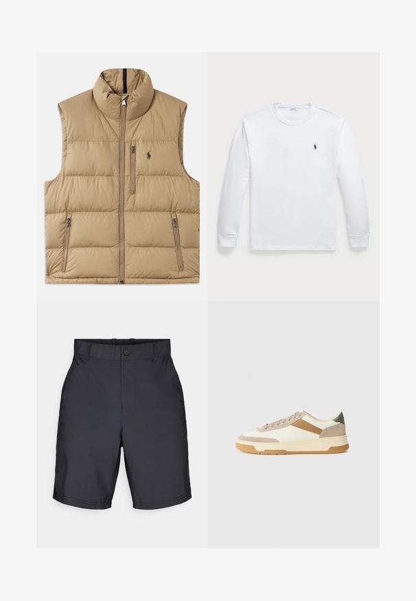 Colete acolchoado bege com gola alta, fecho frontal e dois bolsos laterais. Apresenta um padrão matelassé e um pequeno logótipo no peito.; Camisola de manga longa branca feita de algodão, com decote redondo e um pequeno logótipo azul-marinho no lado esquerdo do peito. Textura suave, design simples.; Calções de banho pretos com uma textura suave, cintura elástica com fecho de botão e um design simples e straight-cut.; Ténis em bege, creme e verde oliva, com materiais em camurça e couro, bico redondo, design minimalista e sola em borracha.