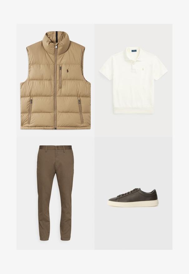 Bež pufferski jopič z visokim ovratnikom, sprednjim zadrge in dvema stranskima žepoma. Ima kviltano vzorčenje in majhen logotip na prsih.; Polo Ralph Lauren LOOPBACK FLEECE POLO-COLLAR SWEATSHIRT - Polo majica - clubhouse cream; Rjave hlače iz raztegljive tkanine s slim fit krojem. Imajo gladek pas, zanke za pas in dva sprednja žepa.; Temno rjavi usnjeni športni copat z teksturirano površino, belim gumijastim podplatom in ravnimi vezalkami. Minimalistična zasnova brez vidnih logotipov.