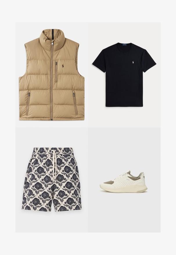 Beige színű puffermellény magas gallérral, elülső cipzárral és két oldalsó zsebbel. Jellemzője a steppelt minta és egy kis logó a mellkason.; Fekete pamut póló környakkal, rövid ujjakkal és egy kis hímzett logóval a bal mellrészen. Simább tapintású anyag.; Krém színű, navy virágmintás nyomott rövidnadrág, rugalmas derékkal és zsinórral, könnyű anyagból készült.; Fehér és világos bézs sportcipő, légies hálós felsőrésszel, perforált részletekkel és texturált középtalppal, amelyen a saroknál a márka logója található.
