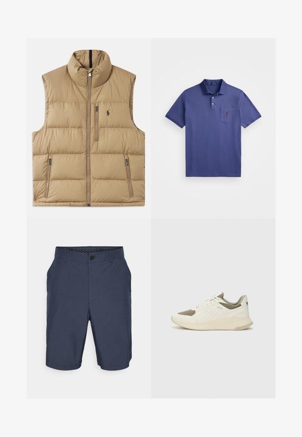 Colete acolchoado bege com gola alta, fecho frontal e dois bolsos laterais. Apresenta um padrão matelassé e um pequeno logótipo no peito.; Camisa polo roxa feita de algodão, com uma pala de três botões, mangas curtas e um bolso no peito com um bordado de logo vermelho.; Bermudas azul marinho feitas de um tecido leve, com fecho de botão, bolsos laterais e corte reto. Textura suave sem padrões.; Sapatilha atlética branca e bege claro, com parte superior em malha, detalhes perfurados e uma entressola texturizada com marcação no calcanhar.
