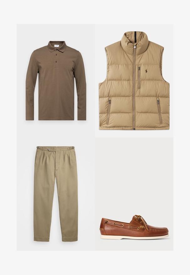 Bež pufferski jopič z visokim ovratnikom, sprednjim zadrge in dvema stranskima žepoma. Ima kviltano vzorčenje in majhen logotip na prsih.; Dolga majica polo v rjavi barvi, izdelana iz mehkega materiala, z klasičnim ovratnikom, z gumbom na tri gumbe in diskretnimi šivi.; Bež hlače s plitvicami, narejene iz lahkega blaga, z gumbom in zvitimi manšetami. Gladka tekstura z čistimi linijami.; Rjave usnjene čolnarice z vezalkami, zlatimi luknjicami in smetanasto gumijastim podplatom. Oblikovane z dvignjenim šivnim vzorcem na konici.