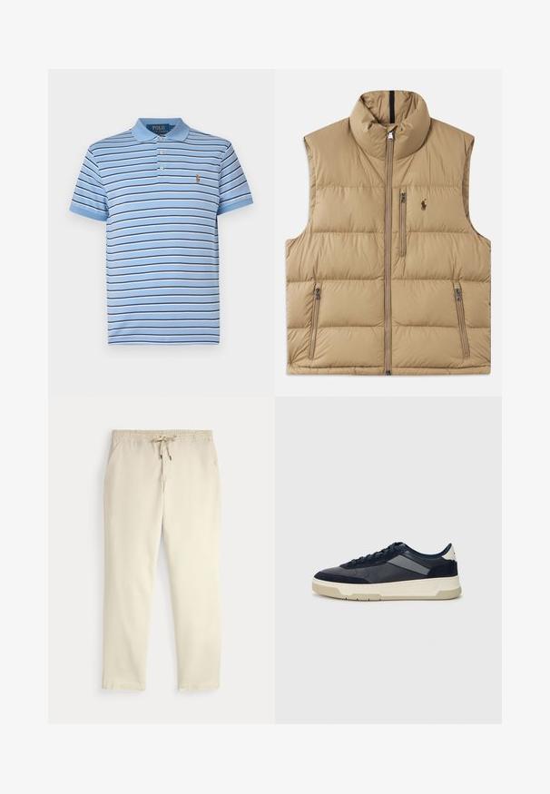 Colete acolchoado bege com gola alta, fecho frontal e dois bolsos laterais. Apresenta um padrão matelassé e um pequeno logótipo no peito.; Camisa polo de algodão azul claro com listras horizontais em azul marinho e branco, gola com dois botões e um logótipo bordado no peito.; Calças casuais off-white com cintura elástica e cordão, pernas retas e bolsos laterais, contra um fundo liso.; BOSS BALTIMORE - Sapatilhas - open blue