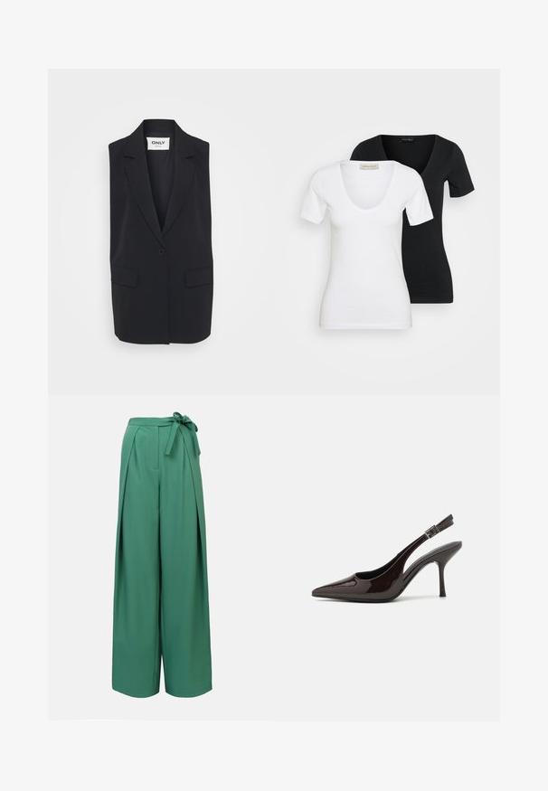 Black sleeveless blazer made from smooth fabric. Features a notched lapel, single button closure, and two front pockets. Minimalist design.; Two fitted short-sleeve V-neck T-shirts, one white in front and one black behind, displayed on a plain light background.; Green wide-leg trousers with a tie belt, featuring pleats and a smooth texture. Designed for a relaxed fit and versatile styling.; Slingback high-heeled shoe in glossy dark brown patent leather, pointed toe, open sides, and adjustable ankle strap.