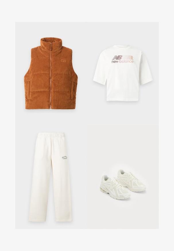 Orange corduroy vest with a high collar, front zipper, and stitched panels. Features a small logo patch on the left side.; White short-sleeve t-shirt made of cotton, featuring a gradient logo in pink and gray with the text "new balance" below the logo.; Cream-colored wide-leg pants made from soft material with an elastic waistband. Features subtle green embroidered text on the front.; White athletic shoes with mesh and synthetic materials, lace-up design, padded collar, and textured sole for grip. Lightweight construction.