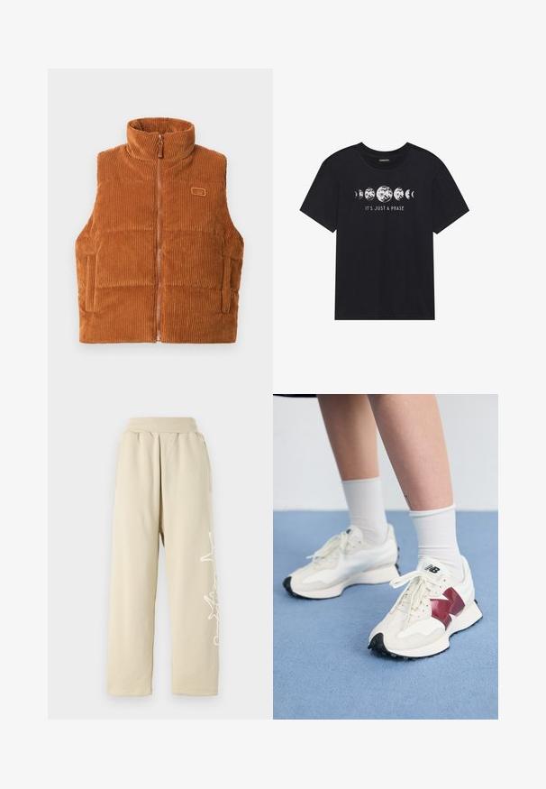 Oranžs kordūru vests ar augstu apkakli, priekšējo rāvējslēdzēju un izšūtām paneļām. Tam ir neliela logo uzlīme kreisajā pusē.; Melnas kokvilnas T-krekls ar īsām piedurknēm, kas rotāts ar mēness fāžu grafiku un tekstu "TĀ IR TIKAI FĀZE" baltā krāsā.; Beige, brīvi pieguļoši sporta bikses ar elastīgu jostu, sānu kabatām un baltu grafiku pa kreiso kāju. Mīksts kokvilnas materiāls.; Balti sporta apavi ar tumši sarkaniem akcentiem, teksturētām detaļām, plakanu melnu zoli un gaišajām šņorēm, valkāti ar baltām potīšu zeķēm.