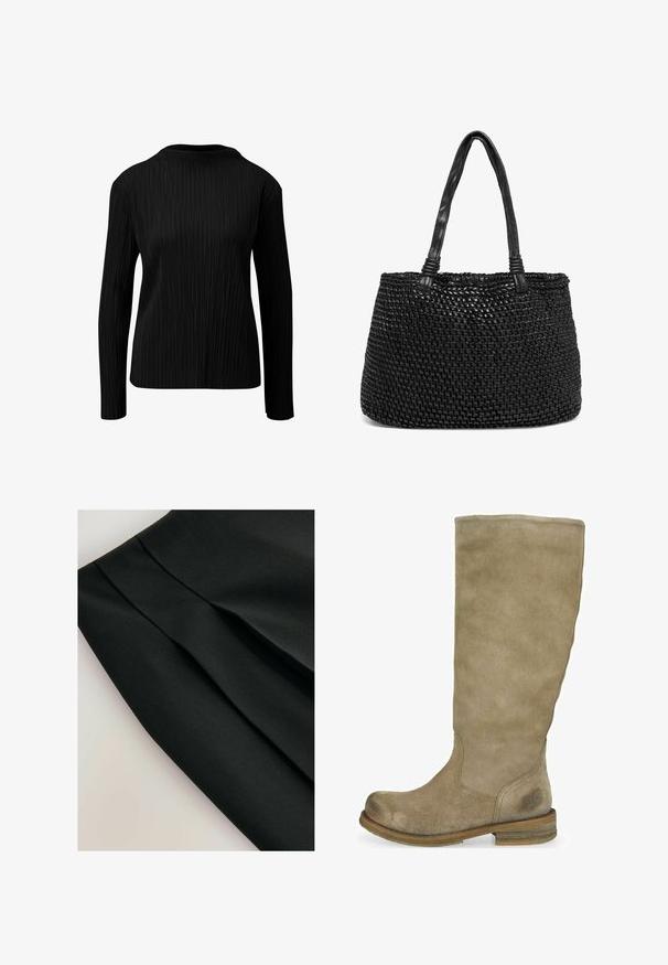 Schwarze ärmellose Blazer-Weste mit Reverskragen, Knopfverschluss, elastischem Saum und Pull&Bear-Label im Kragen.; s.Oliver BLACK LABEL PLISSIERTES - Bluse - schwarz; Schwarzer Rock mit Falten, aus einem glatten Stoff hergestellt. Verfügt über ein klares Design und eine strukturierte Oberfläche, die die Form und Struktur betont.; Beige Wildlederstiefel bis zum Knie mit abgerundetem Zehenbereich und strukturiertem Finish. Brauner Holzabsatz mit dezentem Logodetail nahe dem Knöchel.; Schwarze geflochtene Tragetasche mit Ledergriffen. Die Textur weist ein geflochtenes Design auf, das eine strukturierte Silhouette und eine langlebige Verarbeitung präsentiert.