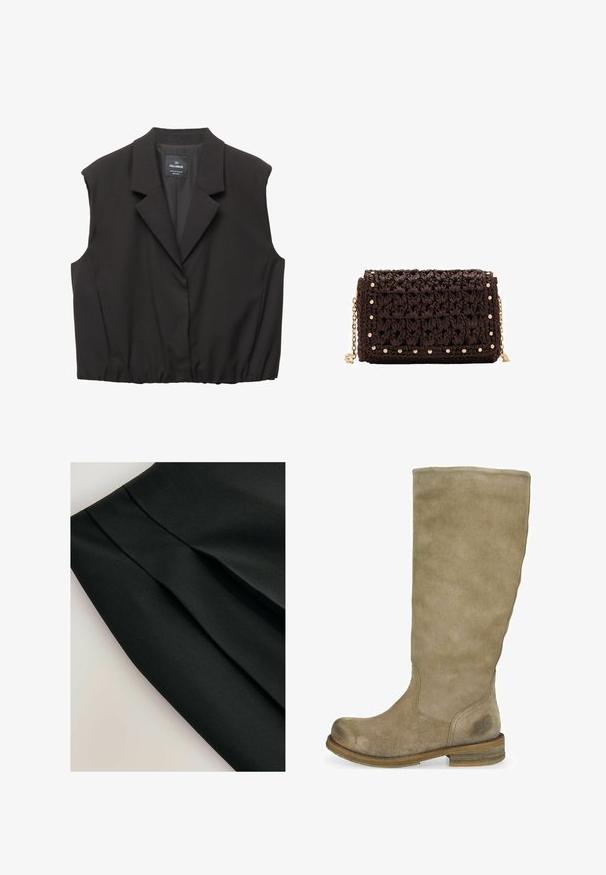 Gilet senza maniche nero con rever a punta, chiusura con bottoni, orlo elasticizzato e etichetta Pull&Bear all'interno del colletto.; Maglietta nera a maniche lunghe realizzata in tessuto a coste. Presenta un collo rotondo e un design aderente senza motivi o dettagli visibili.; Gonna nera con pieghe, realizzata in un tessuto liscio. Presenta un design pulito e una superficie strutturata, enfatizzando la forma e la struttura.; Stivale in camoscio beige fino al ginocchio con punta rotonda e finitura texturizzata. Tacco in legno marrone, con dettagli del logo discreti vicino alla caviglia.; Borsa a pochette intrecciata marrone con una finitura testurizzata, hardware dorato e borchie decorative lungo i bordi. Include una tracolla a catena.