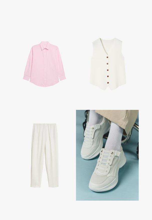 Chaleco sin mangas blanco con diseño de cuello en V, que presenta seis botones marrones en la parte delantera y una tela suave y texturada.; Yamamay Blusa - rose plain; Marks & Spencer Pantalones - ivory; Zapatillas blancas con material de malla, suela de goma, diseño sin cordones con bandas elásticas y detalles en tono dorado.
