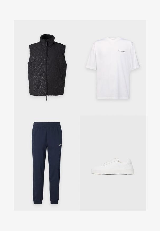 Melnas bezpiedurkņu veste ar augstu apkakli, teksturēta ar smalku punktiņu rakstu, ar priekšējo rāvējslēdzēju un divām sānu kabatām.; Baltas īsām piedurknēm T-kreklis no kokvilnas ar V veida kakla izgriezumu, uz kura kreisajā pusē ir melns "FILLING PIECES" logo.; Jūras zila sporta bikses ar elastīgu jostu un aprocēm. Uz kreisās kājas ir neliels balts logotips. Izgatavotas no mīksta, stiepjamā materiāla.; Baltas sporta apavi ar gludu ādas virsu, noapaļotu purngalu, auklām, teksturētām sānu akcentiem un biezu gumijas zoli. Minimālists dizains.