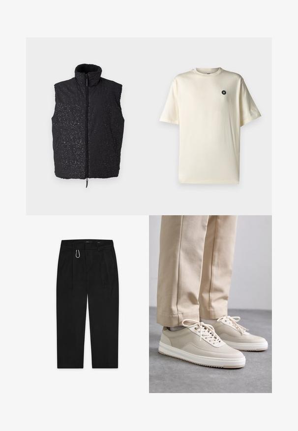 Gilet sans manches noir avec un col haut, texturé d'un motif de points subtil, doté d'une fermeture éclair à l'avant et de deux poches latérales.; T-shirt en coton couleur crème à manches courtes, avec une coupe confortable et un petit logo noir sur la partie gauche de la poitrine.; Pantalon noir à coupe droite, doté d'un clip en métal argenté et de deux poches latérales. Fabriqué en tissu lisse.; Baskets beiges avec un dessus texturé, semelles blanches et accents cousus, assorties à un pantalon beige, présentées sur une surface grise.