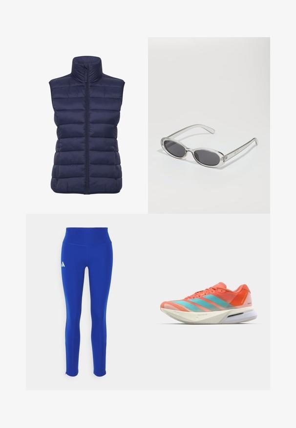 Gilet imbottito blu navy con colletto alto, motivo a righe orizzontali, chiusura frontale con zip e senza maniche. Tessuto isolante leggero.; Hoodie accorciato di colore grigio chiaro, realizzato in materiale morbido. Presenta un cappuccio, un cordino e polsini a costine. Texture liscia senza motivi.; Maglietta sportiva blu a maniche corte con collo rotondo; realizzata in tessuto leggero; presenta un logo Adidas bianco sulla spalla sinistra.; Leggings atletici blu con vita alta, realizzati in materiale elastico, con un logo bianco sull'anca sinistra e orli discreti.; Scarpa da corsa con upper in mesh traspirante color corallo e acquamarina, dotata di tre strisce, una suola ammortizzata e un design elegante.; Occhiali da sole con forma ovale, montatura in plastica trasparente, lenti grigie scure e aste sottili trasparenti con accenti di logo e dettagli minimi.