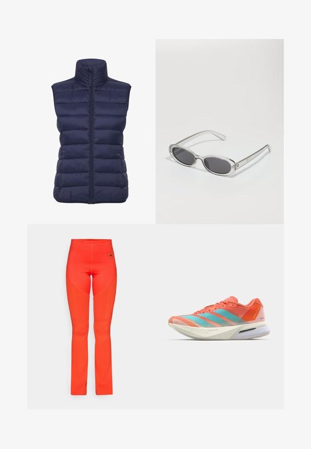 Námornícky modrá pufovaná vesta s vysokým golierom, horizontálnym prešívaným vzorom, predným zipsom a bez rukávov. Ľahký, izolačný materiál.; Strihaná mikina vo svetlo šedej farbe, vyrobená z mäkkého materiálu. Má kapucňu, šnúrku na stiahnutie a rebrované manžety. Hladký povrch bez vzorov.; Modrá športová tričko s krátkym rukávom a okrúhlym výstrihom; vyrobené z ľahkého materiálu; na ľavom ramene má biele logo Adidas.; Žiarivo oranžové legíny s priliehavým strihom, rebrovanými akcentmi po stranách a logom blízko pásu. Hladká textúra po celom povrchu.; Bežecká obuv s priedušným sieťovaným zvrškom v koralovej a akvamarínovej farbe, s tromi pruhmi, mäkčenou podrážkou a elegantným dizajnom.; Slnečné okuliare oválneho tvaru, s priehľadným plastovým rámom, tmavošedými šošovkami a tenkými priehľadnými ramienkami s logovými akcentmi a minimálnym detailovaním.