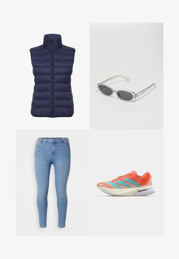 Námornícky modrá pufovaná vesta s vysokým golierom, horizontálnym prešívaným vzorom, predným zipsom a bez rukávov. Ľahký, izolačný materiál.; Strihaná mikina vo svetlo šedej farbe, vyrobená z mäkkého materiálu. Má kapucňu, šnúrku na stiahnutie a rebrované manžety. Hladký povrch bez vzorov.; Modrá športová tričko s krátkym rukávom a okrúhlym výstrihom; vyrobené z ľahkého materiálu; na ľavom ramene má biele logo Adidas.; Svetlomodré úzke džínsy vyrobené z denimu, s klasickým päťvreckovým štýlom, so zipsom a úzkymi nohavicami. Hladká textura s miernym vyblednutím.; Bežecká obuv s priedušným sieťovaným zvrškom v koralovej a akvamarínovej farbe, s tromi pruhmi, mäkčenou podrážkou a elegantným dizajnom.; Slnečné okuliare oválneho tvaru, s priehľadným plastovým rámom, tmavošedými šošovkami a tenkými priehľadnými ramienkami s logovými akcentmi a minimálnym detailovaním.
