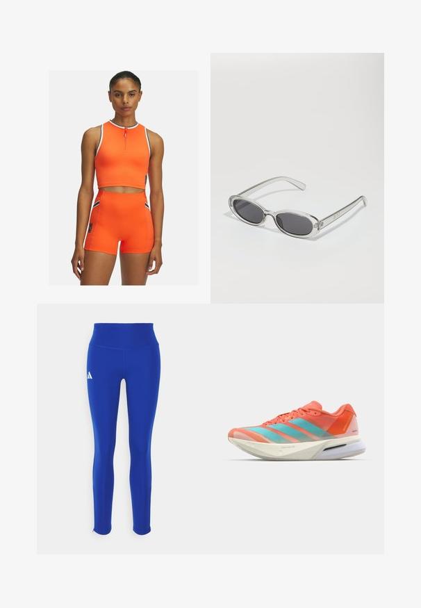 Donkerblauwe gewatteerde vest met hoge kraag, horizontale gestikte patroon, ritssluiting aan de voorkant en zonder mouwen. Lichtgewicht, geïsoleerde stof.; Korte hoodie in lichtgrijs, gemaakt van zacht materiaal. Heeft een capuchon, koordjes en geribde manchetten. Vlotte textuur zonder patronen.; Felrood actieve kledingset met een mouwloze zip-up crop top en high-waisted shorts, verfraaid met zwart-witte strepen.; Blauwe sportleggings met een hoge taille, gemaakt van rekbaar materiaal, met een wit logo op de linkerdij en discrete zomen.; Hardloopschoen met een ademende mesh bovenkant in koraal en aqua, voorzien van drie strepen, een gevoerde zool en een slank ontwerp.; Zonnebril met een ovale vorm, helder plastic montuur, donkergrijze glazen en dunne transparante pootjes met logo-accenten en minimale details.