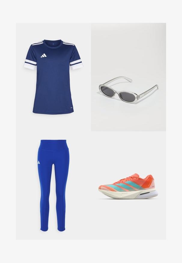 Námornícky modrá pufovaná vesta s vysokým golierom, horizontálnym prešívaným vzorom, predným zipsom a bez rukávov. Ľahký, izolačný materiál.; Strihaná mikina vo svetlo šedej farbe, vyrobená z mäkkého materiálu. Má kapucňu, šnúrku na stiahnutie a rebrované manžety. Hladký povrch bez vzorov.; Námornícky modré športové tričko vyrobené z syntetického materiálu. Vybavené bielymi pruhmi na rukávoch a logom adidas na hrudi. Krátke rukávy, okrúhly výstrih.; Modré športové legíny s vysokým pásom, vyrobené z elastického materiálu, s bielym logom na ľavom boku a diskrétnymi lemami.; Bežecká obuv s priedušným sieťovaným zvrškom v koralovej a akvamarínovej farbe, s tromi pruhmi, mäkčenou podrážkou a elegantným dizajnom.; Slnečné okuliare oválneho tvaru, s priehľadným plastovým rámom, tmavošedými šošovkami a tenkými priehľadnými ramienkami s logovými akcentmi a minimálnym detailovaním.