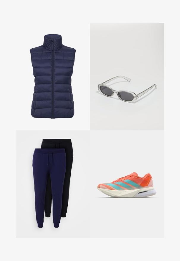 Navy blue puffer vest with high collar, horizontal quilted pattern, front zip closure, and no sleeves. Lightweight, insulated fabric.; Cropped hoodie in light gray, made of soft material. Features a hood, drawstring, and ribbed cuffs. Smooth texture with no patterns.; Even&Odd Curvy 2 PACK - Tracksuit bottoms - black/blue; Running shoe with a breathable mesh upper in coral and aqua, featuring three stripes, a cushioned sole, and a sleek design.; Sunglasses with an oval shape, clear plastic frame, dark gray lenses, and thin transparent arms featuring logo accents and minimal detailing.