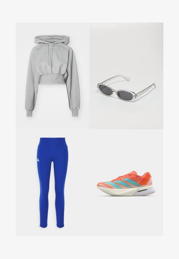 Mornarsko modra napihnjena bunda brez rokavov z visokim ovratnikom, vodoravnim prešitim vzorcem in sprednjim zadrgo. Lahka, izolirana tkanina.; Skrajšana kapuca v svetlo sivi barvi, narejena iz mehke tkanine. Ima kapuco, vrvico in rebraste manšete. Gladka tekstura brez vzorcev.; Modra športna majica s kratkimi rokavi in krožnim izrezom; izdelana iz lahkega materiala; na levem ramenu je bel Adidasov logotip.; Modre atletske legice z visokim pasom, narejene iz raztegljivega materiala, z belim logotipom na levem boku in diskretnimi robovi.; Tenisice za trčanje s prozračnom mrežicom u koraljno crvenoj i akvamarinskoj boji, s tri pruge, udobnim đonom i elegantnim dizajnom.; Sončna očala ovalne oblike, prozoren plastičen okvir, temno sivi leči in tanke prozorne roke z logotipnimi akcenti in minimalnimi detajli.