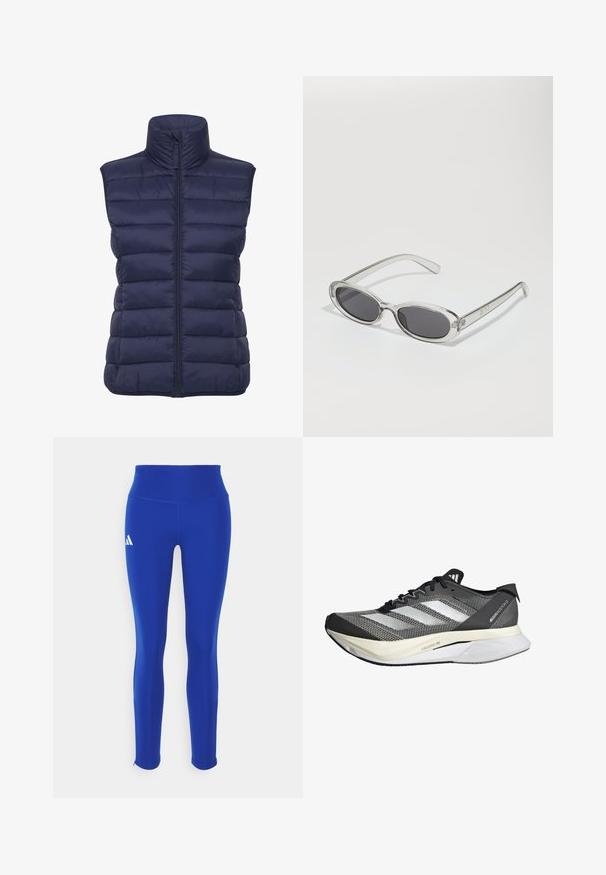 Tamno plava puffer prsluk s visokim ovratnikom, horizontalnim čuđenjem, prednjim zatvaranjem na patentni zatvarač i bez rukava. Lagani, izolirani materijal.; Plava atletska majica kratkih rukava s okruglim izrezom; izrađena od lagane tkanine; sadrži bijeli Adidas logo na lijevom ramenu.; Plave atletske tajice s visokim strukom, izrađene od rastezljivog materijala, s bijelim logotipom na lijevom boku i suptilnim rubovima.; Crno-bijela trkaća cipela s pletenim gornjim dijelom, tri bočna pruga, lagani đon i teksturirani detalji na mrežici.; Naočale u ovalnom obliku, okvir od prozirne plastike, tamno sivi leće i tanke prozirne ručke s logotipom i minimalnim detaljima.