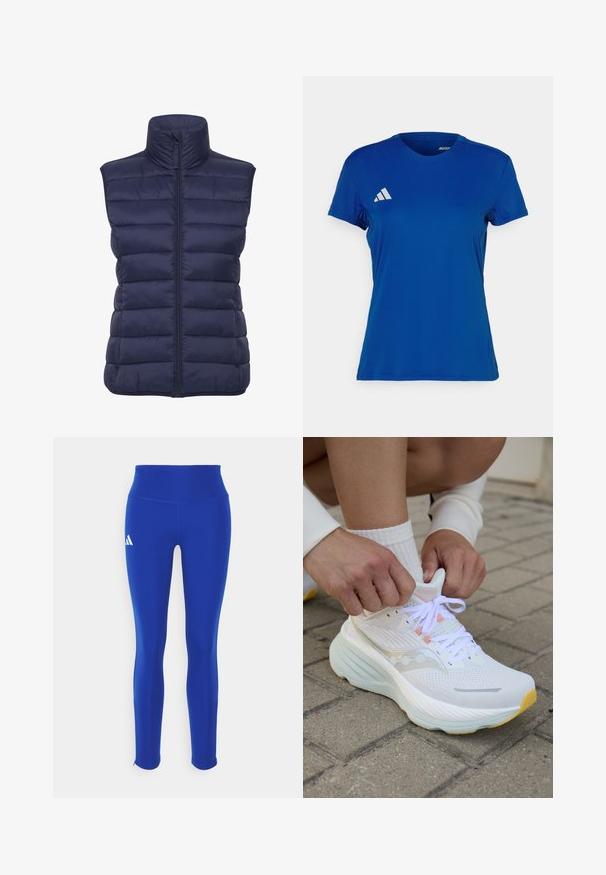 Tamno plava puffer prsluk s visokim ovratnikom, horizontalnim čuđenjem, prednjim zatvaranjem na patentni zatvarač i bez rukava. Lagani, izolirani materijal.; Plava atletska majica kratkih rukava s okruglim izrezom; izrađena od lagane tkanine; sadrži bijeli Adidas logo na lijevom ramenu.; Plave atletske tajice s visokim strukom, izrađene od rastezljivog materijala, s bijelim logotipom na lijevom boku i suptilnim rubovima.; Saucony HURRICANE 24 - Tenisice za cestovno trčanje - white