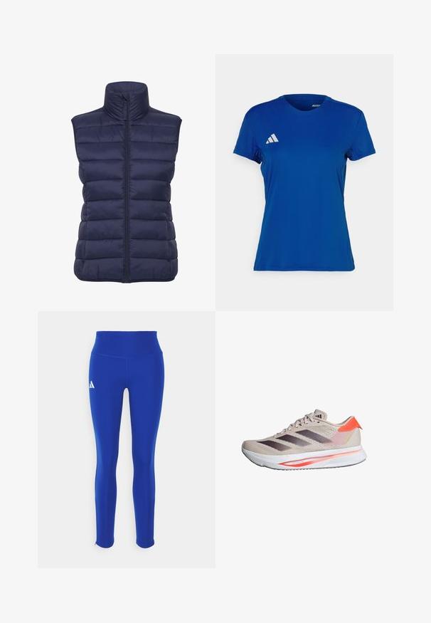 Gilet imbottito blu navy con colletto alto, motivo a righe orizzontali, chiusura frontale con zip e senza maniche. Tessuto isolante leggero.; Maglietta sportiva blu a maniche corte con collo rotondo; realizzata in tessuto leggero; presenta un logo Adidas bianco sulla spalla sinistra.; Leggings atletici blu con vita alta, realizzati in materiale elastico, con un logo bianco sull'anca sinistra e orli discreti.; Scarpa da corsa Adidas beige e corallo con strisce nere, suola bianca e testo "ADIZERO SL" sul lato del tallone.