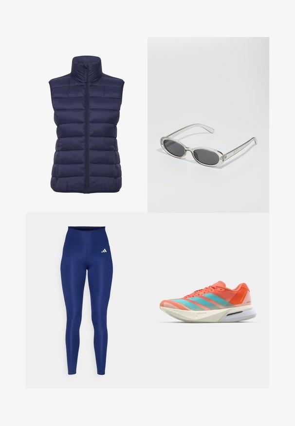 Kleita ar augstu apkakli un horizontālu quilted rakstu, jūras zila pūkainā veste ar priekšējo rāvējslēdzēju un bez piedurknēm. Viegls, izolējošs audums.; Zils sportisks krekls ar īsām piedurknēm un apaļu kakla izgriezumu; izgatavots no viegla auduma; ar baltu Adidas logo kreisajā plecā.; Tumsas zilas leginses, kas izgatavotas no stiepjama materiāla ar augstu jostasvietu. Priekšējā kreisā augšstilba daļā ir balts Adidas logo.; Skriešanas apavi ar elpojošu acs augšu korallkrāsā un akvamarīna, aprīkoti ar trim svītrām, mīkstu zoli un elegantu dizainu.; Saulesbrilles ar ovālu formu, caurspīdīgu plastmasas rāmi, tumši pelēkiem stikliem un plāniem caurspīdīgiem kātiem, kas satur logotipa akcentus un minimālu noformējumu.