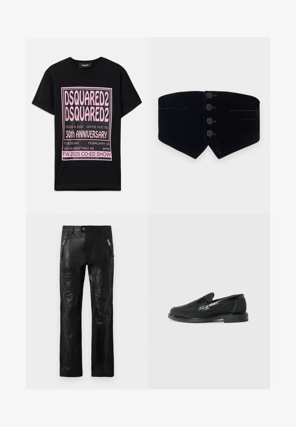 Collar de terciopelo negro con un diseño ajustado. Presenta cuatro botones negros y un corte diagonal, terminado con un brillo sutil y dos pequeños bolsillos.; Camiseta de algodón negra con un gran texto gráfico en rosa. El diseño incluye detalles del evento en diferentes tamaños de fuente y información adicional en la parte inferior.; Pantalones de cuero negro con bolsillos frontales con cremallera, pasadores para cinturón, paneles de rodilla cosidos y parches de marca Ducati y Dsquared2 en el muslo.; Zapato negro de tejido con un acento de cuero suave en la parte superior, diseño de punta redonda y suela de goma de perfil bajo.