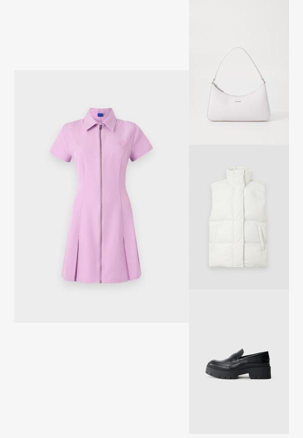 Biely vypchávkovaný vestník s vysokým golierom, ktorý má predný zips, dve bočné vrecká a okrúhle logo na hrudi. Hladká, lesklá textura.; Ružová šatová šaty s krátkymi rukávmi na zips, s golierom, skladanou sukňou a vyšitým logom na hrudi. Hladká tkanina s mierne štruktúrovaným strihom.; Čierne robustné platformové loafery s hladkým koženým vrchom, dekoratívnym popruhom a hrubou textúrovanou podrážkou na bielom pozadí.; Ružová kožená kabelka na rameno s zakriveným dizajnom, so zipsom a striebornými kovovými prvkami. Minimalistické logo vpredu.