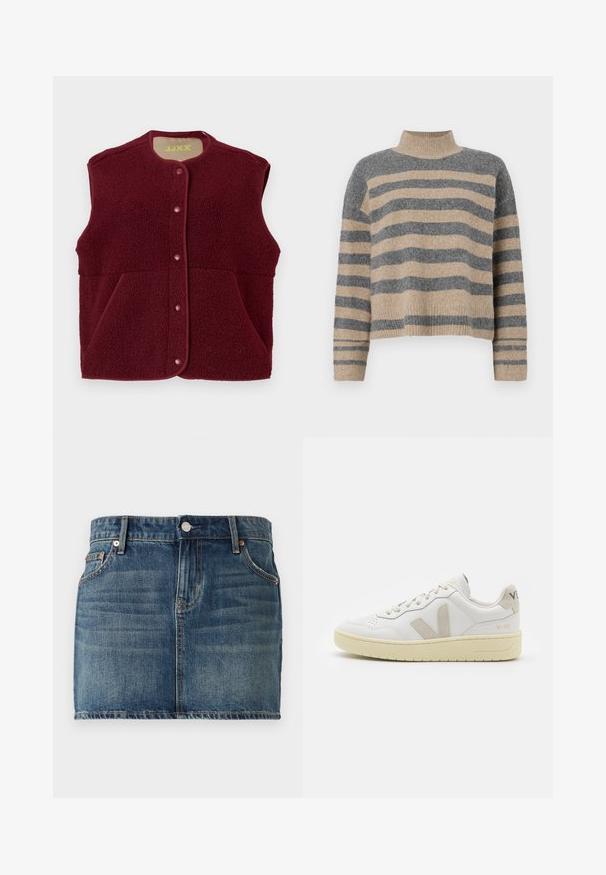 Burgundi színű ujjatlan polár mellény, elöl patentgombokkal és két elülső zsebbel, kerek nyakkivágással.; Csíkos kötött pulóver szürke és bézs színekkel, magas gallérral, széles mandzsettás ujjal és laza, rövidített fazonnal.; Sötétkék farmer mini szoknya, öt zsebes kialakítással, gombos rögzítéssel és látható varrásokkal. Sima tapintás, enyhe kopással.; Fehér bőr sneaker bézs velúr részletekkel, perforált orr résszel, lapos fűzőkkel és textúrált krémszínű talppal. Finom márkajelzés található a sarkán.