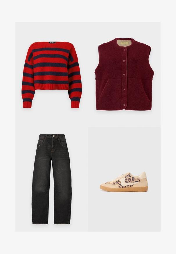 Burgundská bezrukávová fleecová vesta s druky vpředu a dvěma předními kapsami, kulatý výstřih.; Červený a námořnický pruhovaný zkrácený svetr s ribovaným lemem a dlouhými rukávy, vyrobený z měkkého pleteného materiálu. Na štítku je napsáno "ONLY."; Černé džíny z denimu se rovným střihem, pěti kapsami, viditelným švem a zapínáním na přední knoflík. Texturovaná látka s mírným vyblednutím.; Tenisky s leopardím vzorem, s béžovým semišovým svrškem, hnědou gumovou podrážkou a bílými akcenty. Kulatý špička a šněrovací design s texturovaným povrchem.