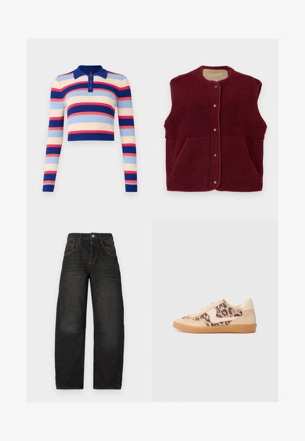 Gilet sans manches en polaire bordeaux avec des boutons-pression sur le devant et deux poches avant, encolure ronde.; Pull polo côtelé et court avec des manches longues, comportant des rayures horizontales en bleu, crème, rose et rouge. Fermeture à quatre boutons au col.; Jeans noirs en denim avec une coupe droite, cinq poches, coutures visibles et une fermeture à bouton sur le devant. Tissu texturé avec un léger effet délavé.; Baskets en imprimé léopard avec tige en suède beige, semelle en caoutchouc tan et accents blancs. Bout rond et design à lacets avec une finition texturée.