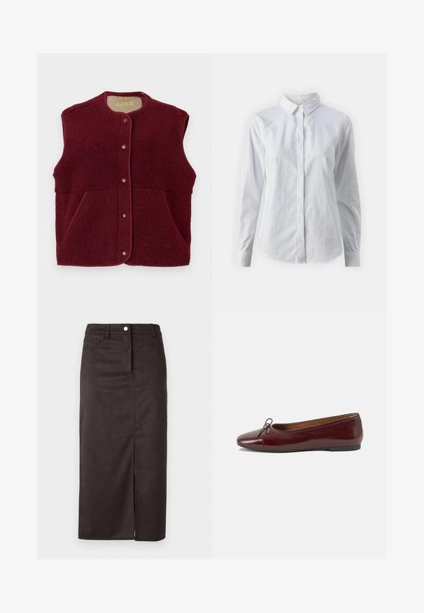 Vesta din fleece fără mâneci de culoare burgundă, cu capse pe față și două buzunare frontale, guler rotund.; Cămașă albă cu nasturi, confecționată din bumbac neted, având un guler clasic, mâneci lungi și un tiv curbat. Nasturii sunt mici și albi.; Fustă maro, până la genunchi, dintr-un material neted. Prezintă o deschidere frontală, închidere cu nasturi și buzunare laterale pentru funcționalitate suplimentară.; Balerini din piele patent burgund cu vârful rotund, accent de fundiță mică în față și talpă joasă din cauciuc negru. Textură netedă.