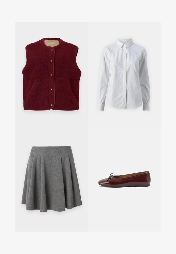Burgunderfarget ärmeløs fleecevest med trykknapper foran og to fremre lommer, rund halslinning.; Hvit skjorte med knapper laget av glatt bomull, med klassisk krage, lange ermer og buet skjær. Knapper er små og hvite.; Grå plisseret nederdel lavet af blødt stof, med en tætsiddende talje og en udsvinget silhuet, med en glat tekstur og pæne afslutninger.; Burgunderrød lakk lær ballettleilighet med rund tå, liten sløyfe foran og en lav, svart gummisåle. Glatt tekstur.
