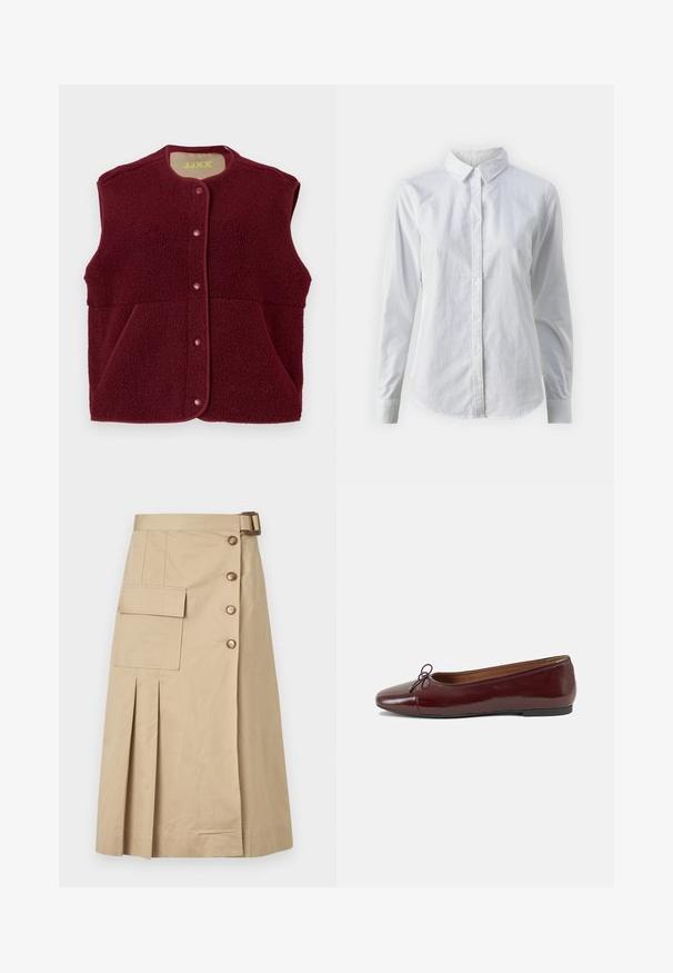 Burgundy sleeveless fleece vest with snap buttons down the front and two front pockets, round neckline.; White button-up shirt made of smooth cotton, featuring a classic collar, long sleeves, and a curved hem. Buttons are small and white.; Beige knee-length skirt made of cotton blend. Features front buttons, a side pocket, and pleats for structure. Smooth texture.; Burgundy patent leather ballet flat with a rounded toe, small bow accent at the front, and a low, black rubber sole. Smooth texture.