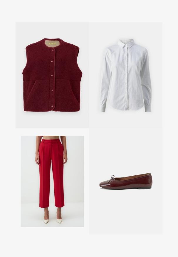 Bordeaux mouwloze fleece vest met drukknoopsluiting aan de voorkant en twee voorzakken, ronde halslijn.; Witte overhemd met knopen van glad katoen, met een klassieke kraag, lange mouwen en een afgeronde zoom. De knopen zijn klein en wit.; Rode op maat gemaakte broek met een hoge taille, geplooide voorkant, rechte pijpen en een gladde stof. Draag met witte spitse hakken.; Bordeaux gepatenteerd lederen ballerina met een ronde neus, een klein strikaccent aan de voorkant en een lage, zwarte rubberen zool. Glad textuur.