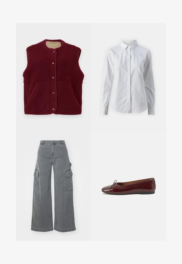 Burgundy sleeveless fleece vest with snap buttons down the front and two front pockets, round neckline.; White button-up shirt made of smooth cotton, featuring a classic collar, long sleeves, and a curved hem. Buttons are small and white.; Gray wide-leg cargo pants made of cotton, featuring two side cargo pockets and a high waist, with a smooth, slightly textured finish.; Burgundy patent leather ballet flat with a rounded toe, small bow accent at the front, and a low, black rubber sole. Smooth texture.