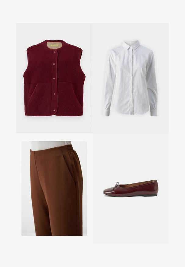 Burgundy sleeveless fleece vest with snap buttons down the front and two front pockets, round neckline.; White button-up shirt made of smooth cotton, featuring a classic collar, long sleeves, and a curved hem. Buttons are small and white.; Brown high-waisted trousers with a smooth texture, featuring side pockets and an elasticated waistband for comfort.; Burgundy patent leather ballet flat with a rounded toe, small bow accent at the front, and a low, black rubber sole. Smooth texture.