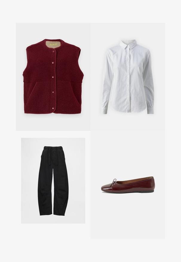 Burgundi színű ujjatlan polár mellény, elöl patentgombokkal és két elülső zsebbel, kerek nyakkivágással.; Fehér, sima pamutből készült gombos ing, klasszikus gallérral, hosszú ujjakkal és ívelt hemvéggel. A gombok kicsik és fehérek.; Fekete, bő szabású farmernadrág, elasztikus derékkal és húzózsinórral, oldalsó zsebekkel és térdrészi részletekkel.; Burgundi lakkbőr balettcipő kerek orral, elöl kis masni díszítéssel és alacsony, fekete gumi talppal. Simára csiszolt felület.