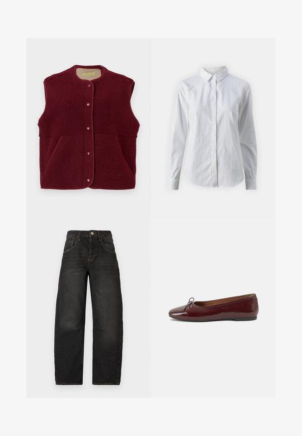 Burgundia ilma varrukat fleece vest, millel on eest nööbid ja kaks eesmist taskut, ümar kaelus.; Valge nööpidega särk, mis on valmistatud siledast puuvillast. Särgil on klassikaline krae, pikad varrukad ja kaarduv äär. Nöödid on väikesed ja valged.; Mustad denim teksad, sirge säärega, viietaskulise disainiga, nähtava õmblusega ja esise nupulehega. Kergelt foneeritud ja tekstuuriga kangas.; Burgundi patendnahk kingad balletitüüpi, ümmarguse ninaosa, ees väike paelaaktsent ja madal must kummist tald. Sile tekstuur.