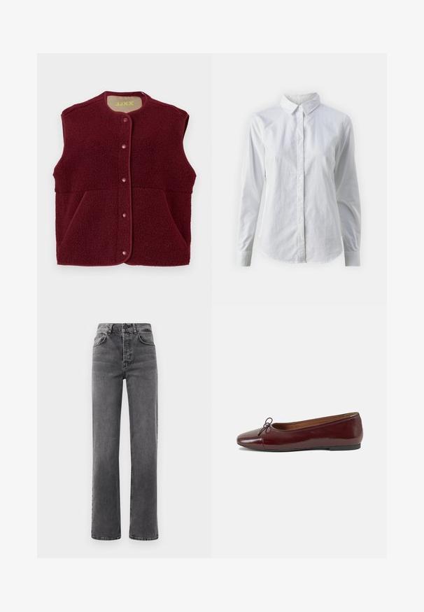 Colete de fleece sem mangas em borgonha com botões de pressão na frente e dois bolsos frontais, decote redondo.; Camisa branca de botão feita de algodão suave, com colarinho clássico, mangas longas e bainha curva. Os botões são pequenos e brancos.; Jeans de cintura alta, com pernas retas em denim cinza escuro, apresentando passadores de cinto, cinco bolsos e detalhes de desbotamento sutis no tecido.; Bailarinas em couro sintético borgonha com bico redondo, pequeno laço na frente e sola baixa em borracha preta. Textura suave.