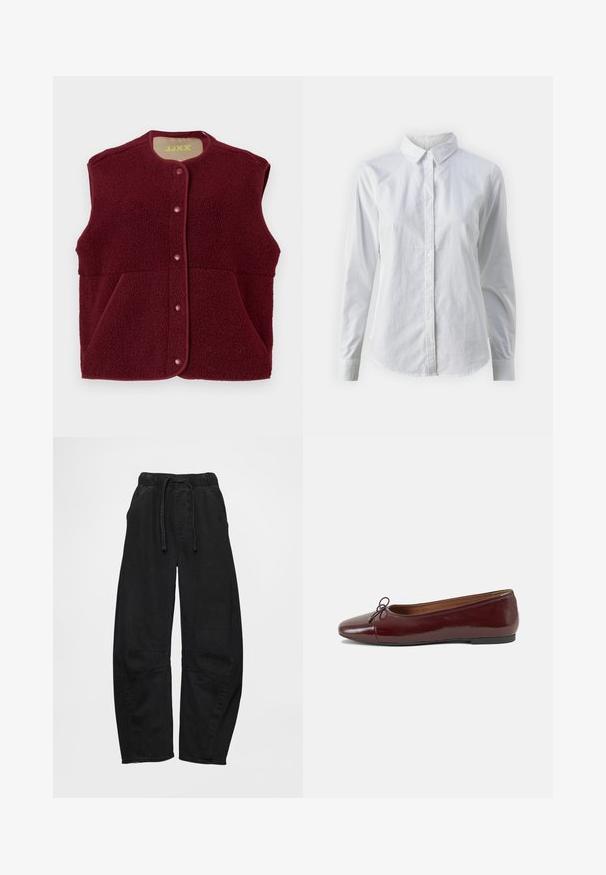 Gilet senza maniche in pile bordeaux con bottoni a pressione sul davanti e due tasche frontali, scollatura rotonda.; Camicia bianca con bottoni, realizzata in cotone liscio, dotata di un colletto classico, maniche lunghe e orlo curvo. I bottoni sono piccoli e bianchi.; Pantaloni in denim nero con vita elastica, coulisse e tasche laterali. Presentano una vestibilità larga e dettagli a pannello a contrasto sulle ginocchia.; Ballerine in pelle verniciata bordeaux con punta arrotondata, piccolo fiocco decorativo sulla parte anteriore e suola bassa in gomma nera. Texture liscia.
