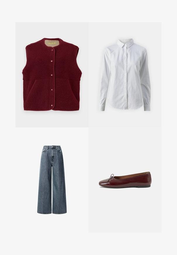 Burgundski brezrokavnik iz flisa s pritrdilnimi gumbi spredaj in dvema sprednjima žepoma, okrogel dekolte.; Bela srajca z gumbki, narejena iz gladkega bombaža, s klasičnim ovratnikom, dolgimi rokavi in ukrivljenim robom. Gumbi so majhni in beli.; Široke hlače z visokim pasom v temno modrem denimu. Ima klasične sprednje žepke, zanke za pas in zadrgo s kovinsko gumbom.; Burgundska patenti usnjeni baletni čevlji z zaobljenim prstom, majhnim lokom na sprednji strani in nizkim črnim gumijastim podplatom. Gladka tekstura.