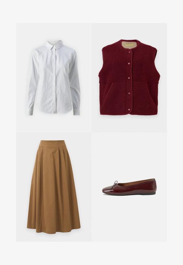 Burgunderfarget ärmeløs fleecevest med trykknapper foran og to fremre lommer, rund halslinning.; Hvit skjorte med knapper laget av glatt bomull, med klassisk krage, lange ermer og buet skjær. Knapper er små og hvite.; Brun bomull A-linje skjørt med høy midje, med folder foran og en jevn tekstur. Kantene er rene og enkle.; Burgunderrød lakk lær ballettleilighet med rund tå, liten sløyfe foran og en lav, svart gummisåle. Glatt tekstur.
