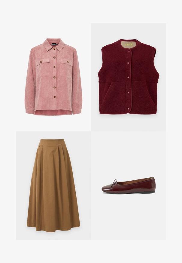 Bordo bezpiedurkņu flīsa veste ar spiedpogām priekšpusē un divām priekšējām kabatām, apaļa kakla izgriezums.; Rozā korduroja krekls-jaka ar garām piedurknēm, diviem krūšu kabatām un brūniem pogām. Tam ir klasiskā apkakle un teksturēta ribota auduma virsma.; Brūna kokvilnas A formas svārki ar augstu jostasvietu, kurai priekšā ir krokas un gluda tekstūra. Apakšmala ir tīra un vienkārša.; Burgundijas laku ādas baleta kurpes ar noapaļotu purngalu, nelielu loku akcentu priekšā un zemu melnu gumijas zoli. Gluda tekstūra.