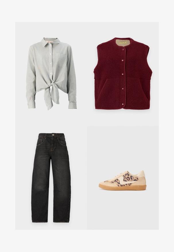 Burgunderfarbener ärmelloser Fleece-Westen mit Druckknöpfen auf der Vorderseite und zwei Fronttaschen, runder Halsausschnitt.; Grün-weiß gestreifte Bluse mit Knopfleiste, vorne mit einem Gürtel, langen Ärmeln und einer Brusttasche. Hergestellt aus leichtem Stoff.; Schwarze Denim-Jeans im Straight-Leg-Design, mit fünf Taschen, sichtbaren Nähten und einem vorderen Knopfverschluss. Strukturierter Stoff mit leichter Ausbleichung.; Löwenmuster-Sneaker mit beige Wildleder-Obermaterial, tanfarbener Gummisohle und weißen Akzenten. Runde Zehenform und Schnürdesign mit strukturiertem Finish.