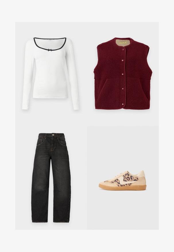 Burgundská bezrukávová fleecová vesta s druky vpředu a dvěma předními kapsami, kulatý výstřih.; Bílé triko s dlouhým rukávem a čtveratým výstřihem, černým lemem a malou černou mašlí uprostřed. Texturovaná ribbovaná tkanina.; Černé džíny z denimu se rovným střihem, pěti kapsami, viditelným švem a zapínáním na přední knoflík. Texturovaná látka s mírným vyblednutím.; Tenisky s leopardím vzorem, s béžovým semišovým svrškem, hnědou gumovou podrážkou a bílými akcenty. Kulatý špička a šněrovací design s texturovaným povrchem.
