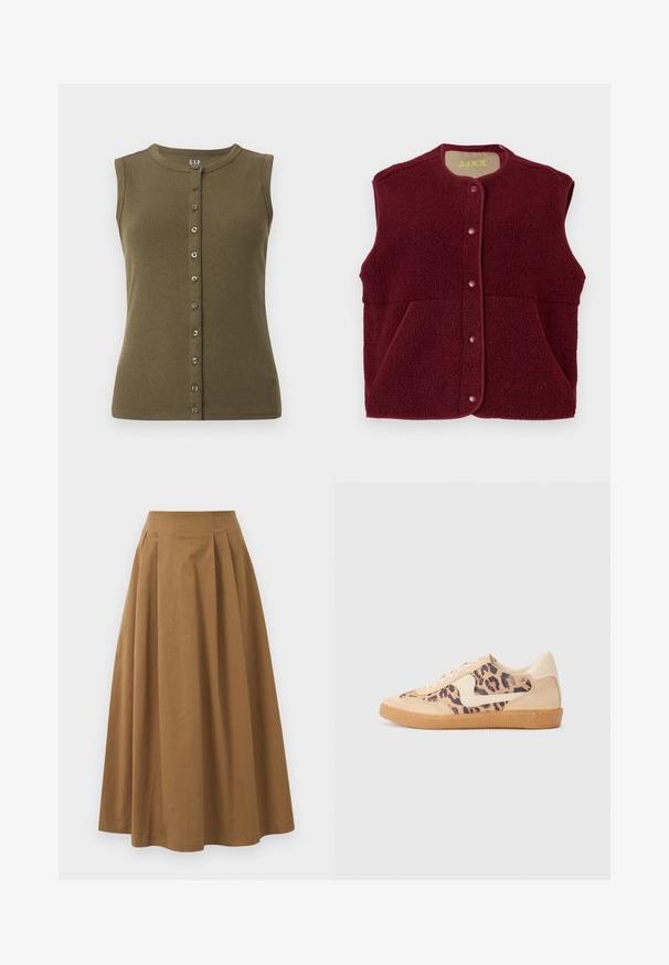 Burgundski brezrokavnik iz flisa s pritrdilnimi gumbi spredaj in dvema sprednjima žepoma, okrogel dekolte.; Olivno zelena brezrokavnik z rebrasto teksturo, okroglo ovratnico in sprednjim zapenjanjem na sedem sivih gumbov.; Rjava bombažna A-linijska krila z visokim pasom, ki vključuje naborke spredaj in gladko teksturo. Robovi so čisti in preprosti.; Teniske s leopardjim vzorom z zgornjim delom iz bež semiša, rjavim gumijastim podplatom in belimi detajli. Okrogla konica in vezenje z vezalkami ter teksturirana površina.